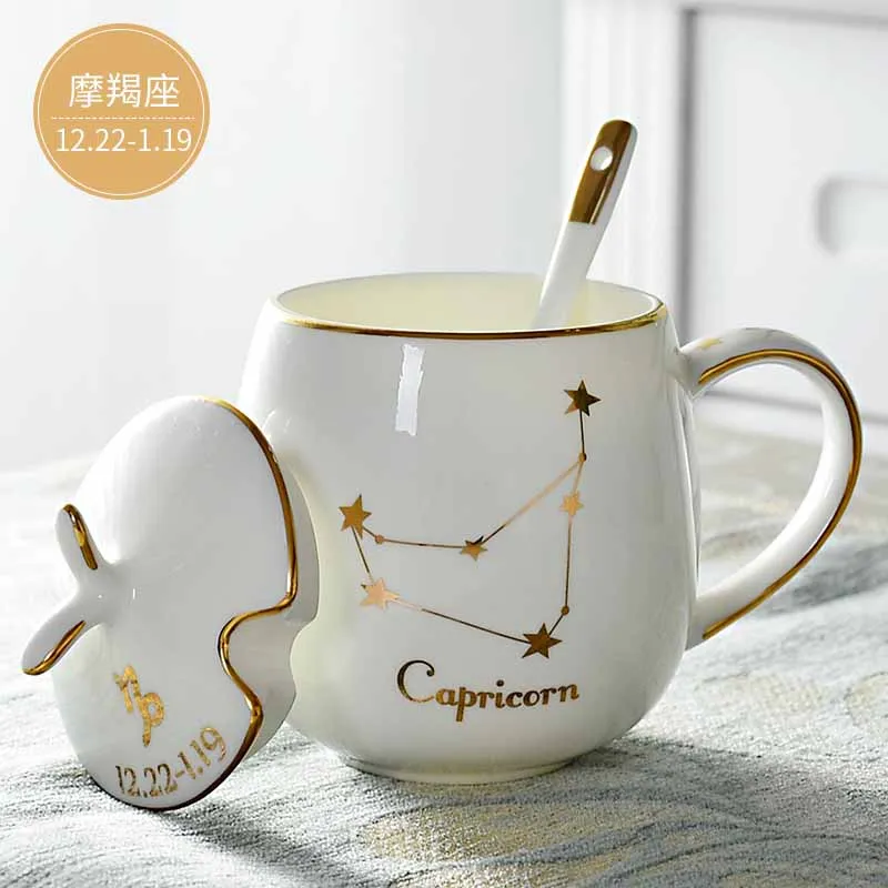 12 Constellation Mugs ceramic lid with spoon bone porcelain milk breakfast cereal couple cups birthday gift gifts 410ML | Дом и сад