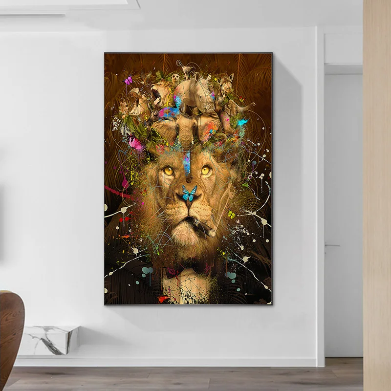 Дикий Животные настенные картины плакат граффити Лев курение слон носорог