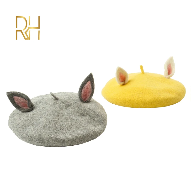 Ручной работы Оригинальная 100% шерстяного фетра берет с милыми заячьими ушками