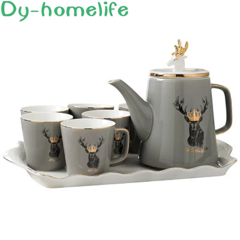 

2020 Year Ceramics Coffee Tea Set Outline In Gold Deer Head Grey White Tea Pot Cup Tray Set Home Decoration Accessories