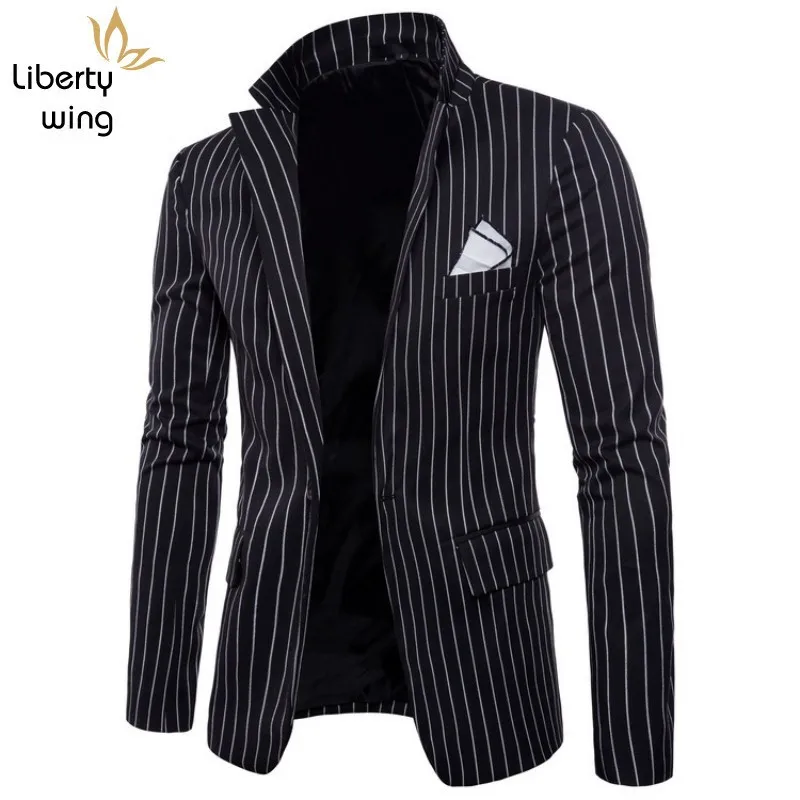Весенняя модная полосатая мужская приталенная куртка на одной пуговице