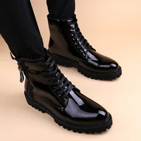 British style men luxury fashion bright patent leather boots black platform shoes designer ankle boot cowboy botas zapato hombre