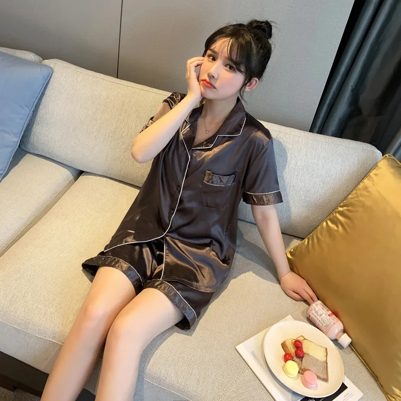 Home dress suit lady imitation silk short sleeve trousers pyjamas lady Summer ice silk  Plus size