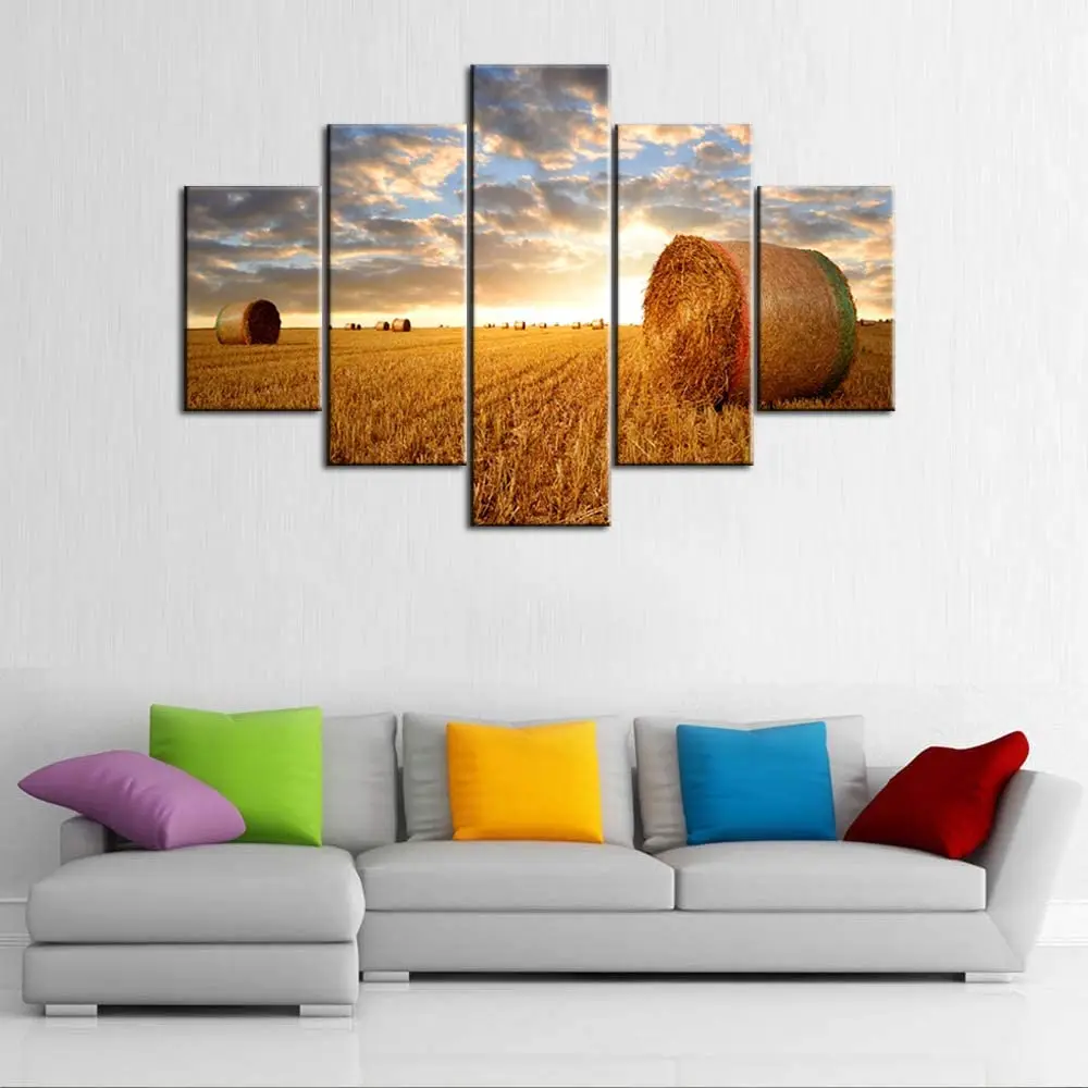 

No Framed Canvas 5Pcs Straw bale on sunset farmland No Yaiba Wall Art Posters Pictures Home Decor Paintings Decorations