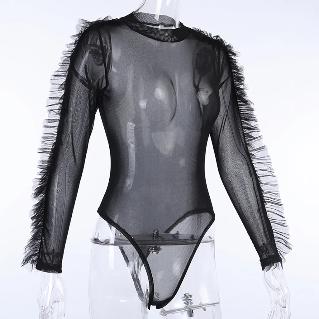 Модный женский комбинезон с воротником хомутом и рукавами рюшами сексуальный