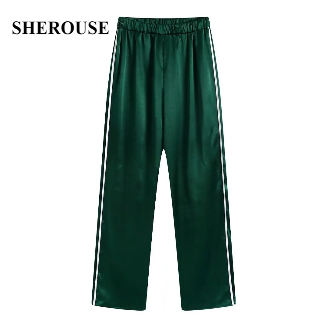 

Sherouse Women Fashion Satin Trousers Contrast Piping Detail High-waist Elastic Waistband Chic Lady Casual Elegant Woman Pants