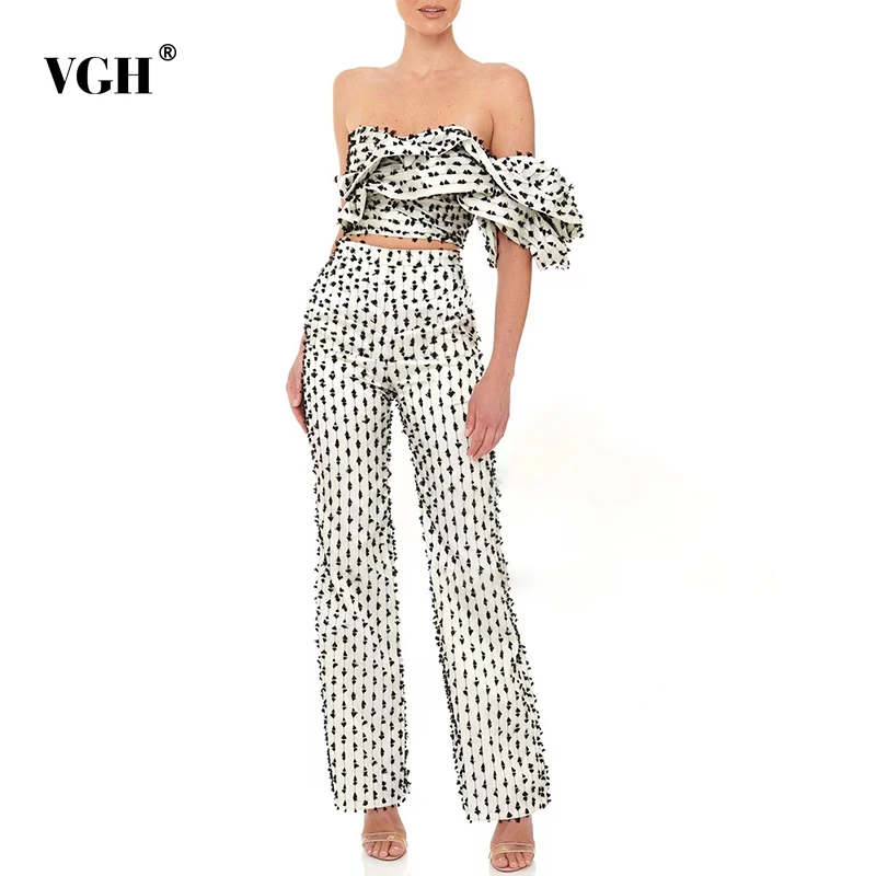 

Женский брючный костюм в горошек VGH, короткий укороченный топ с вырезом лодочкой и оборками, прямые брюки с высокой талией, повседневные ком...