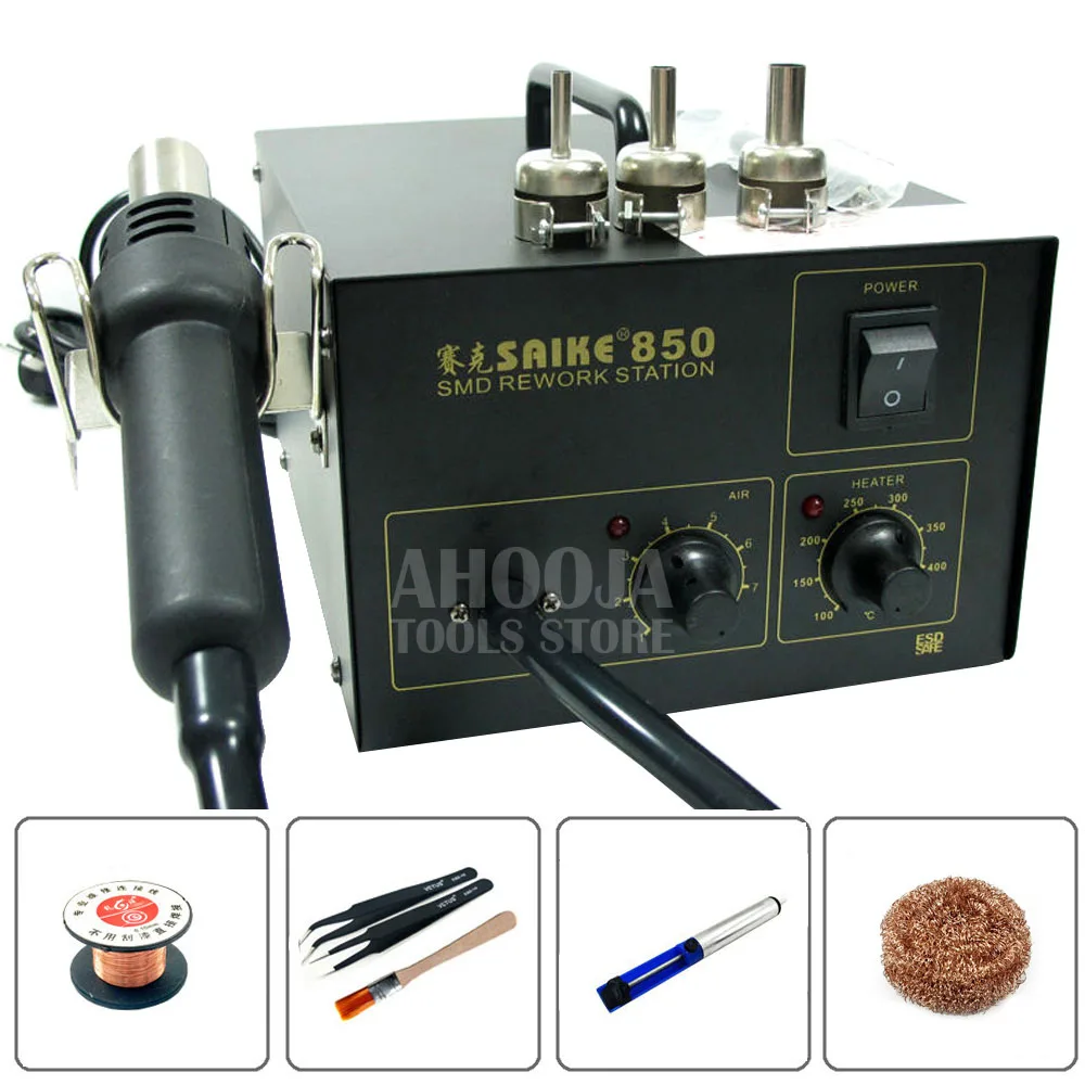 Package 1 SAIKE 850, цифровой дисплей, постоянная температура, фена, паяльная станция, регулируемая, Антистатическая, для обслуживания, тепловая пушка - Color: Package 1