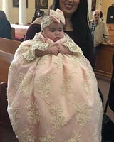 girls pink christening gowns for baby girls lace appliqued pearls baptism dresses with bonnet first holy communion dresses