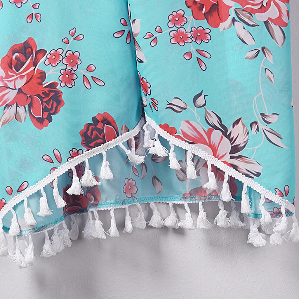 

2020 Fashion Chiffon Long Cardigan Blouse Tassel Floral Bikini Cover Up Loose Tops Casual Ladies Female Women Half Sleeve Blusas