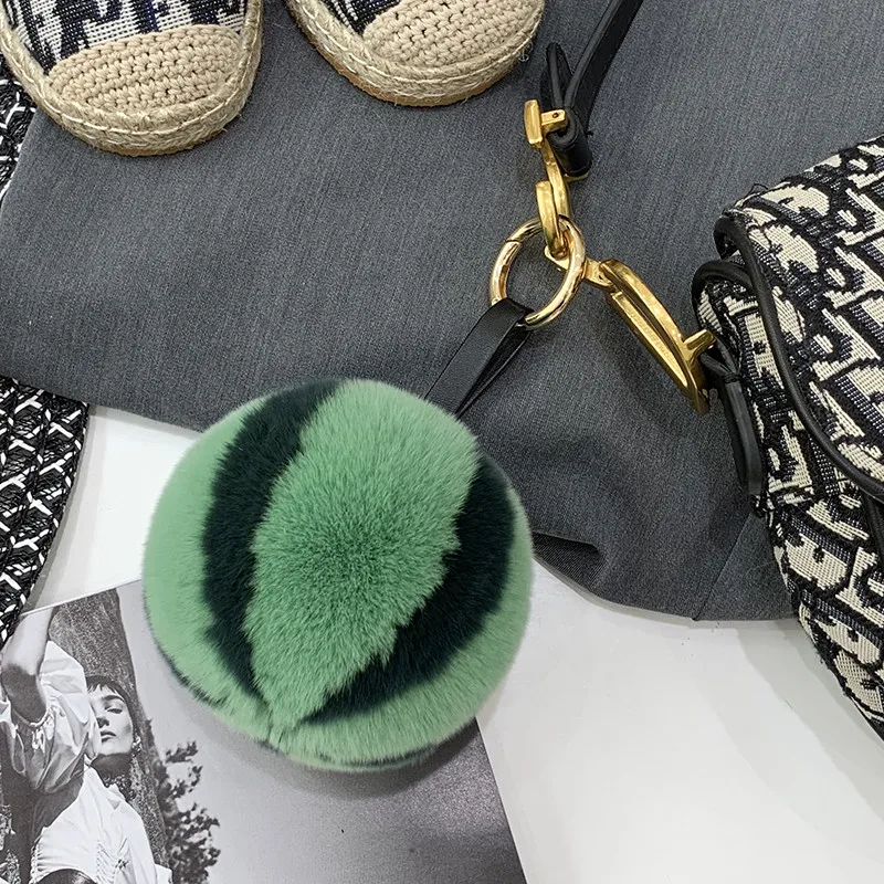 Fluffy Natural Real Rex Rabbit Fur Keychain little watermelon Pendant Genuine Leather Strap Car Key Metal Ring Women Bag Charm | Украшения