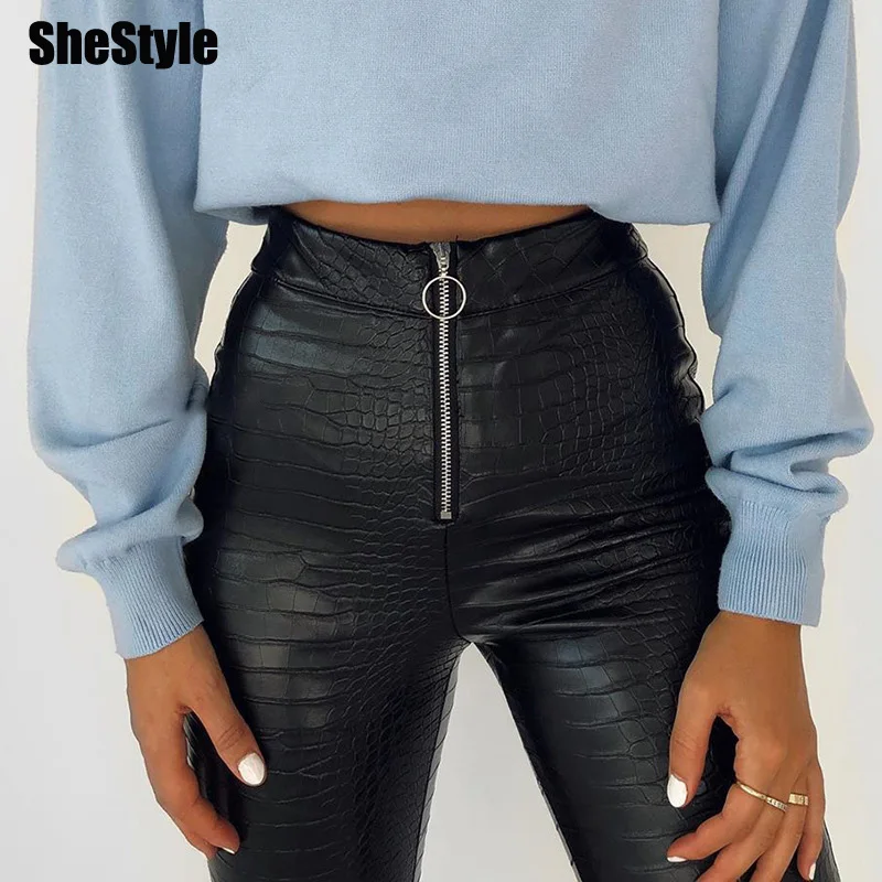 

Женские брюки-карандаш Shestyle с принтом крокодила, кольцо с молнией, черные пикантные леггинсы из искусственной кожи с высокой талией, брюки, ...