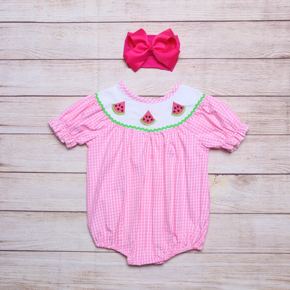 

Летний комбинезон для маленьких девочек, из чистого хлопка, розовый, с арбузом, ремешком в клетку, цельный костюм для детей 0-3 лет