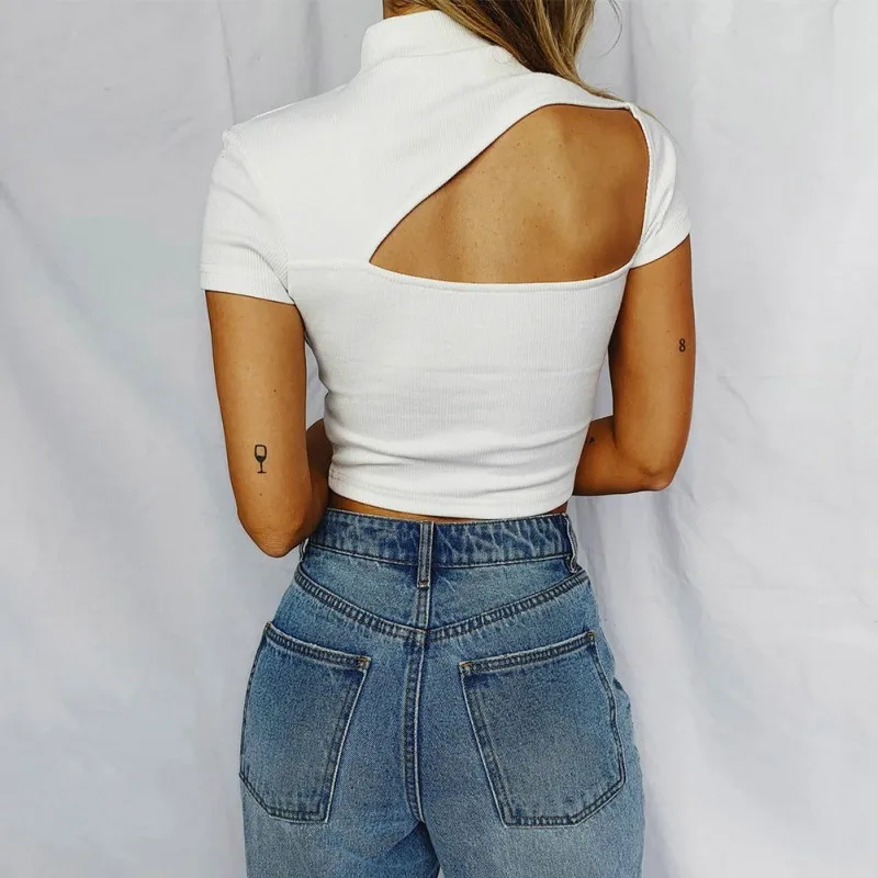 Summer Women Casual T-shirt Tops Sexy Hollow Out Halter Solid Color Round Elegant Short Sleeve Blusas Streetwear top | Женская одежда