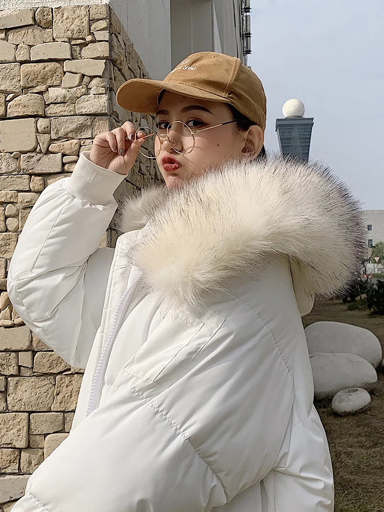 Solid Fur Hooded Long Down Coat Women Harajuku Winter Loose Windproof Thicken Down Jackets Female Korean Plus Size Parka Coats