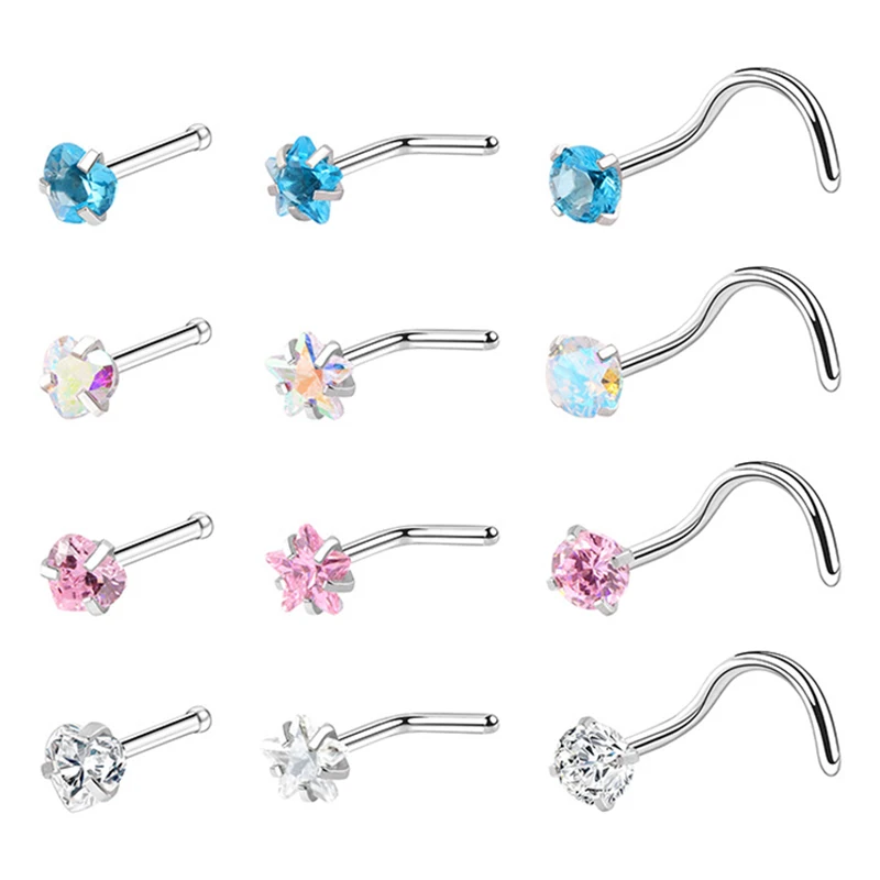 

3PCS Surgical Steel Heart Fake Nose Screw Ring Clip Flower Zircon Nose Piercing Stud Ring Indian Faux Nostril Piercings Jewelry