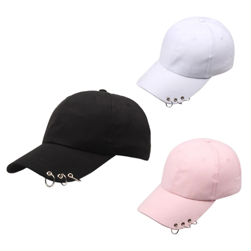 

Women Men Korean Harajuku Cotton Baseball Cap with 3 Metal Rings Hip Hop Street Solid Color Adjustable Snapback Dad Hat