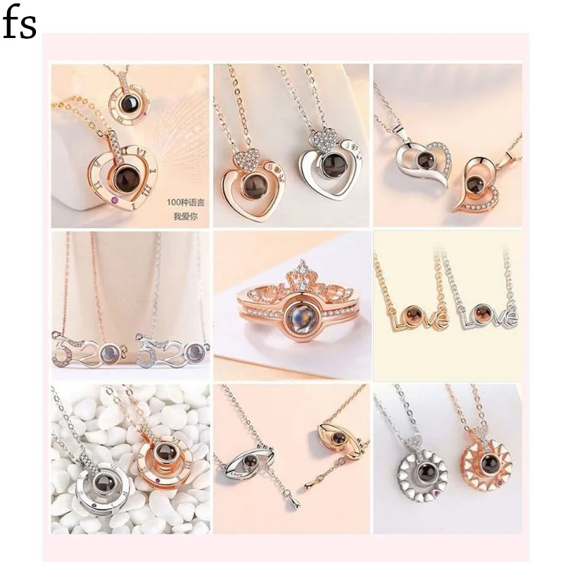 

100 Languages I Love You Projection Charm Necklaces Letter Crystal Pendant Necklace for Women Romantic Memory Wedding Necklace
