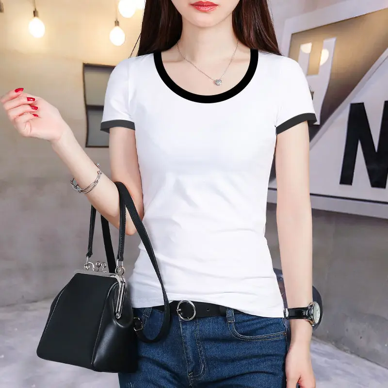 

Black short sleeve T-shirt women's round neck cotton top 2021 new splicing low collar thin versatile small shirt slim