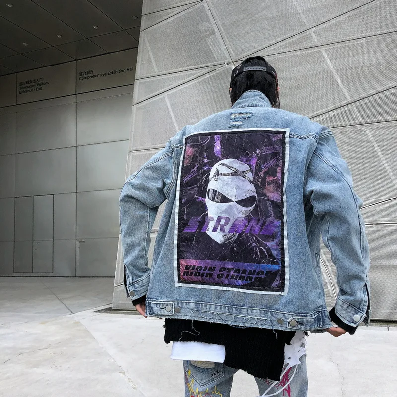 Мужская джинсовая куртка в стиле хип-хоп модная Осенняя уличная одежда синий и
