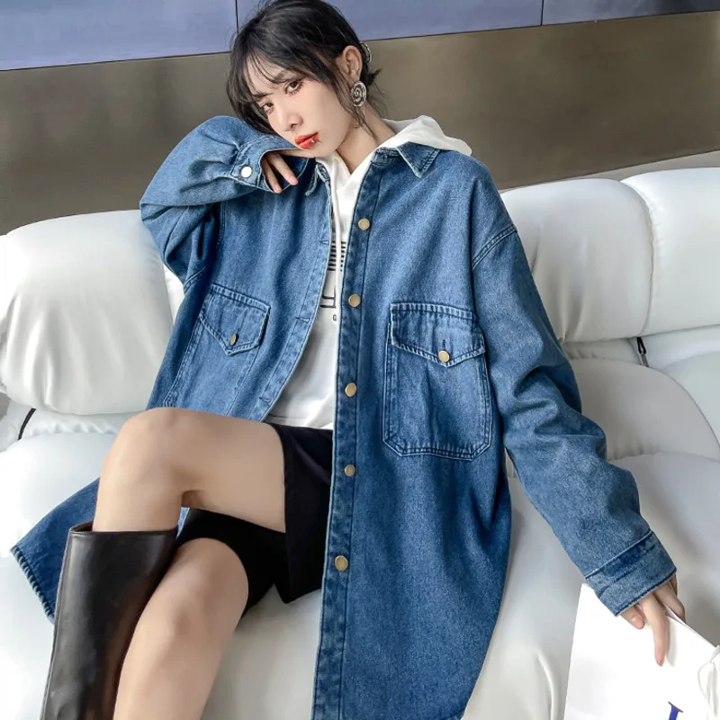 

XUXI Denim Coat Women Thickened Medium Length Loose Fashion Autumn Winter 2021 Long Sleeve Top Single-breasted Coat E3707