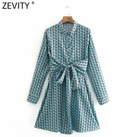 zevity women vintage turn down collar leaves print wrapped kimono mini dress office lady long sleeve chic sashes vestido ds4761