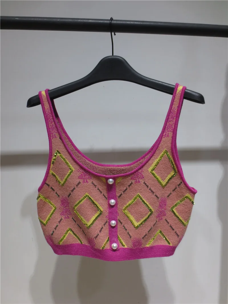 Summer Retro Diamond Plaid Tank Bright Silk Jacquard Sexy Strapless Top Slim All-match Short Sling Knitted Vest for Women