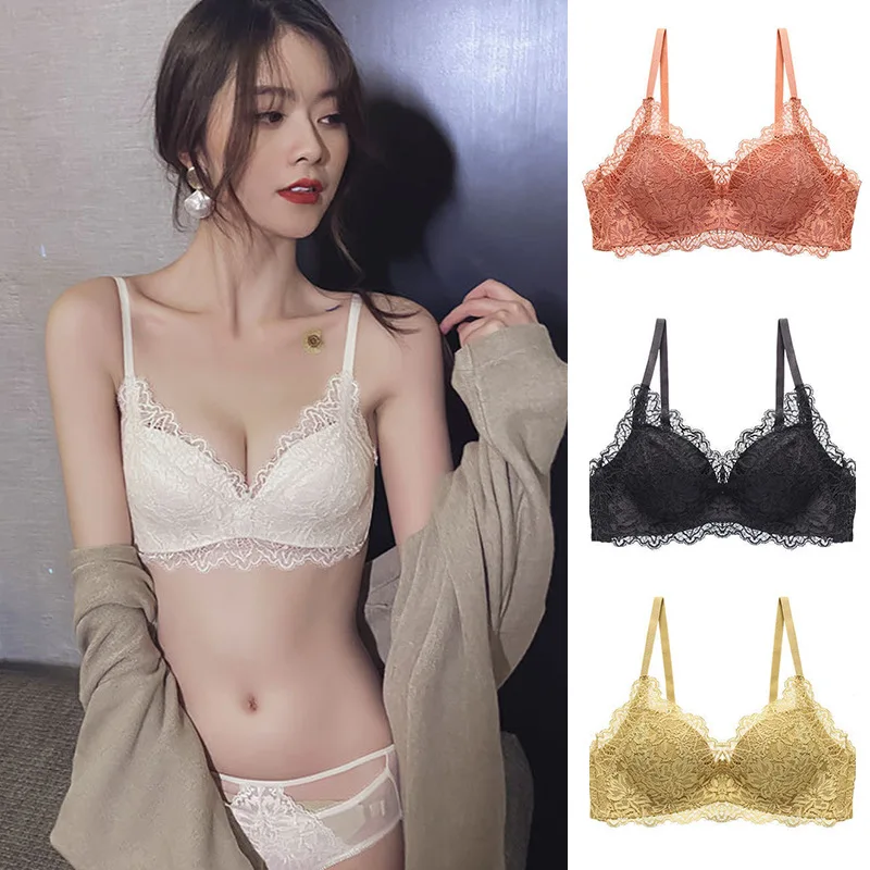 

Thin Cup Unlined French Style Wire Free Soft Breathable Lace Women Underwear Seamless Push Up Lingerie Small Breast Bra