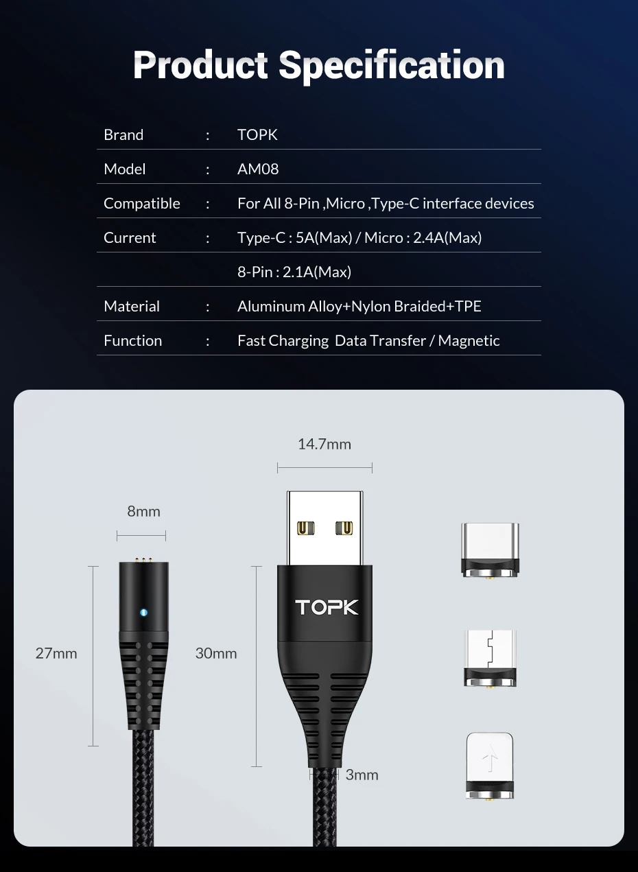 Магнитный usb-кабель TOPK 5A для iPhone, Xiaomi, huawei, Micro USB type C, кабель для быстрой зарядки и передачи данных type-C, кабель для мобильного телефона
