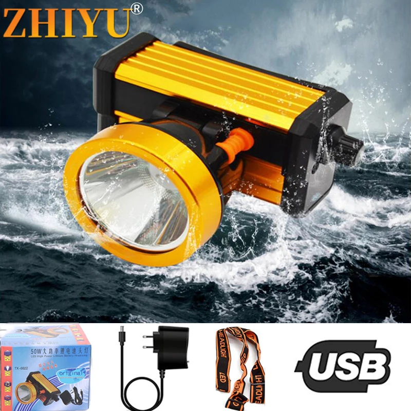 

USB Перезаряжаемые мощные светодиодные фары 50 Вт Портативный Ночная рыбалка на головке на открытом воздухе Водонепроницаемый светильник вс...