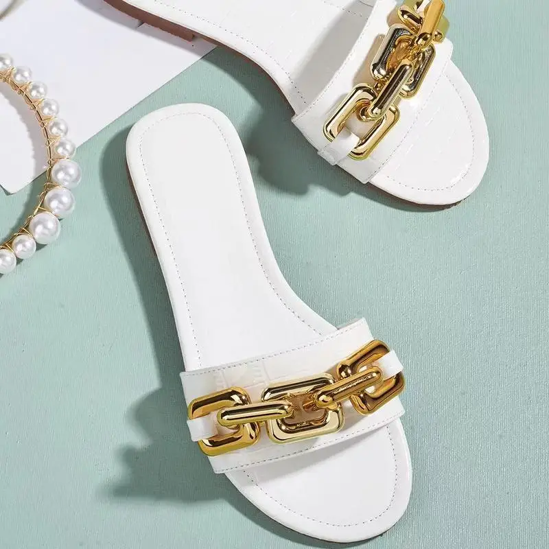 

Female Shoes Rivet Slippers Flat Square Toe Luxury Slides Low Summer Clogs Woman 2021 Designer Beach PU Metal Decoration Rubber