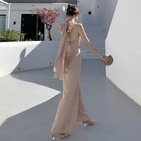 halter jumpsuit women 2022 summer long pants sexy backless beach boho bow seaside hollow out wide legged pants romper playsuit