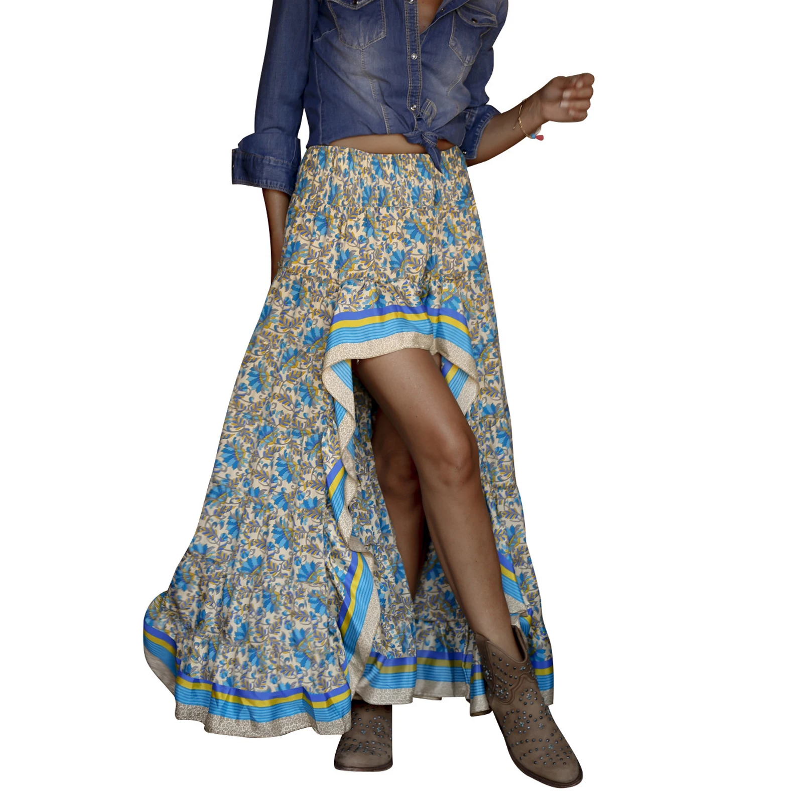 

Women’s Summer Casual Long Skirt Vintage Printing High-waist Irregular A-line Skirt
