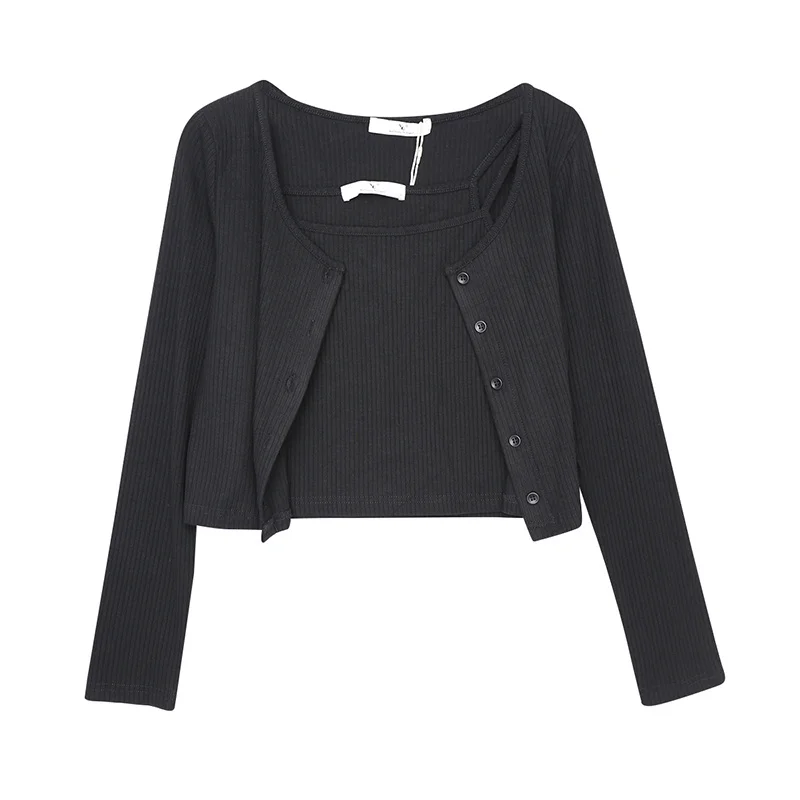 Unif Cardigan Clothes New Style Pure Desire Short Suspender Vest LONG SLEEVE TOP Women's Coat Two-piece Set Jum |