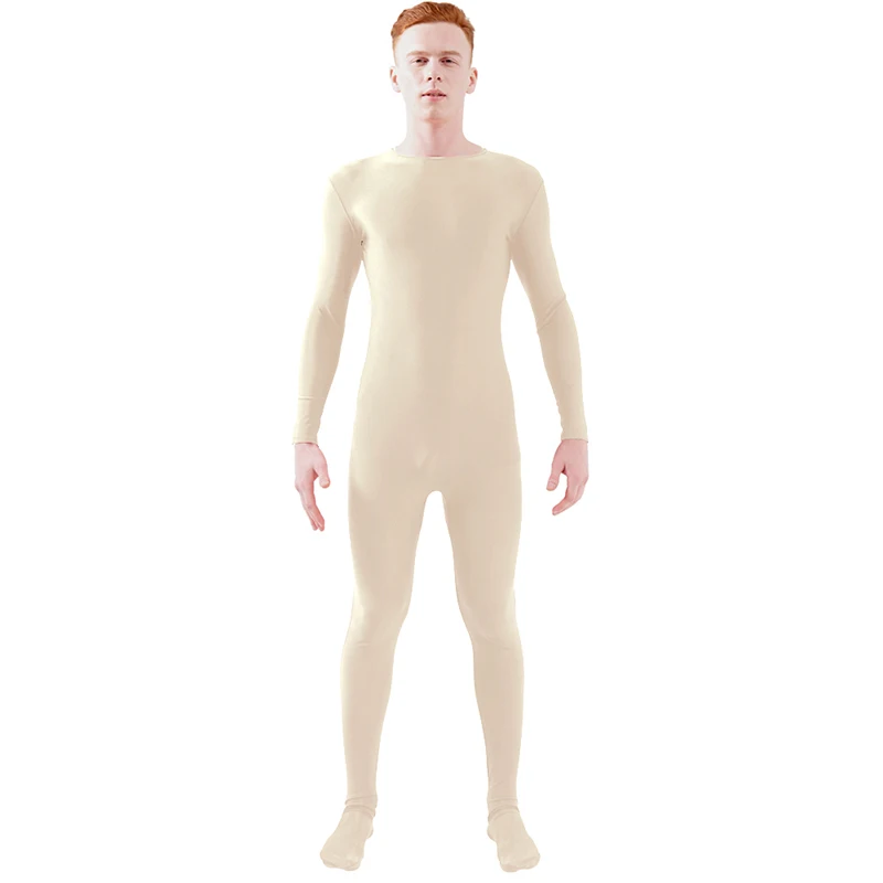Nude Ensnovo, блестящий комбинезон на молнии, Zentai, колготки для всего тела для мужчин, боди на заказ, костюм из цельного спандекса с длинным рукавом - Цвет: Nude