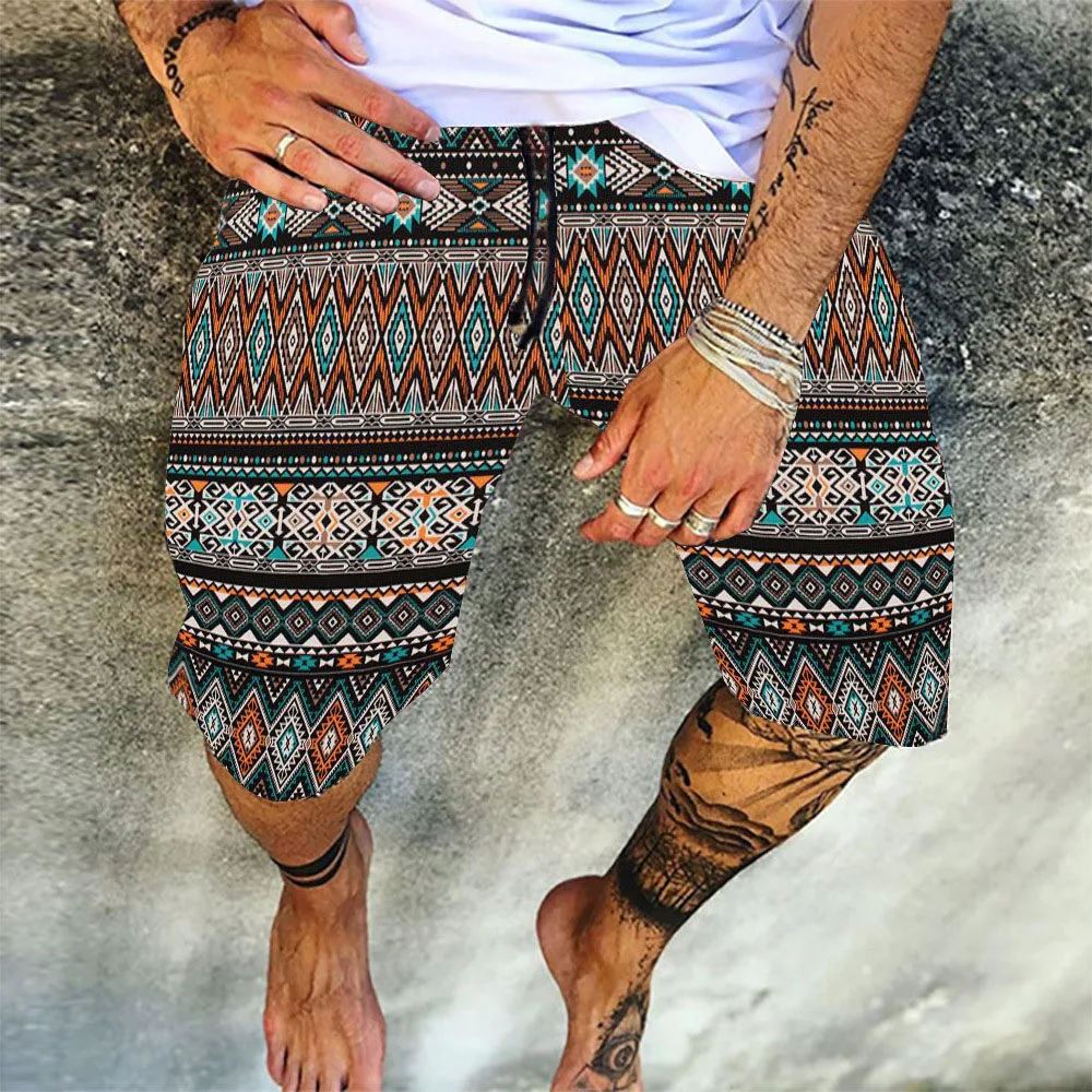 

Western Style Summer Printing Casual Beach Pants Loose Drawstring Tight Men's 2021 Simple Thin High Waist