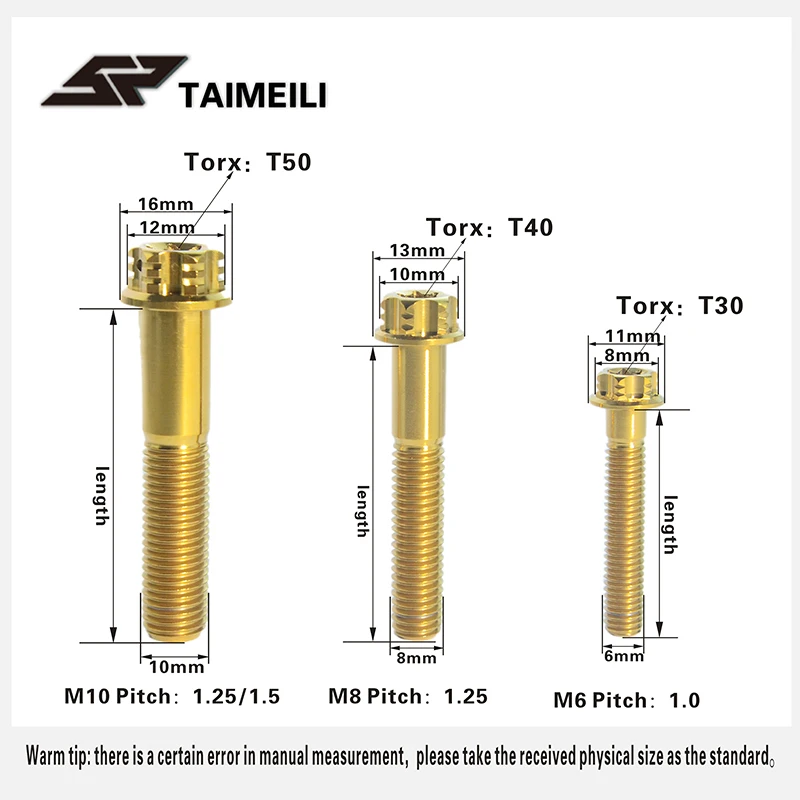 Титановый винт TAIMEILI с фланцевой головкой Torx золотой m6m8m10x15 -70 мм шаг резьбы 1 25/1 5