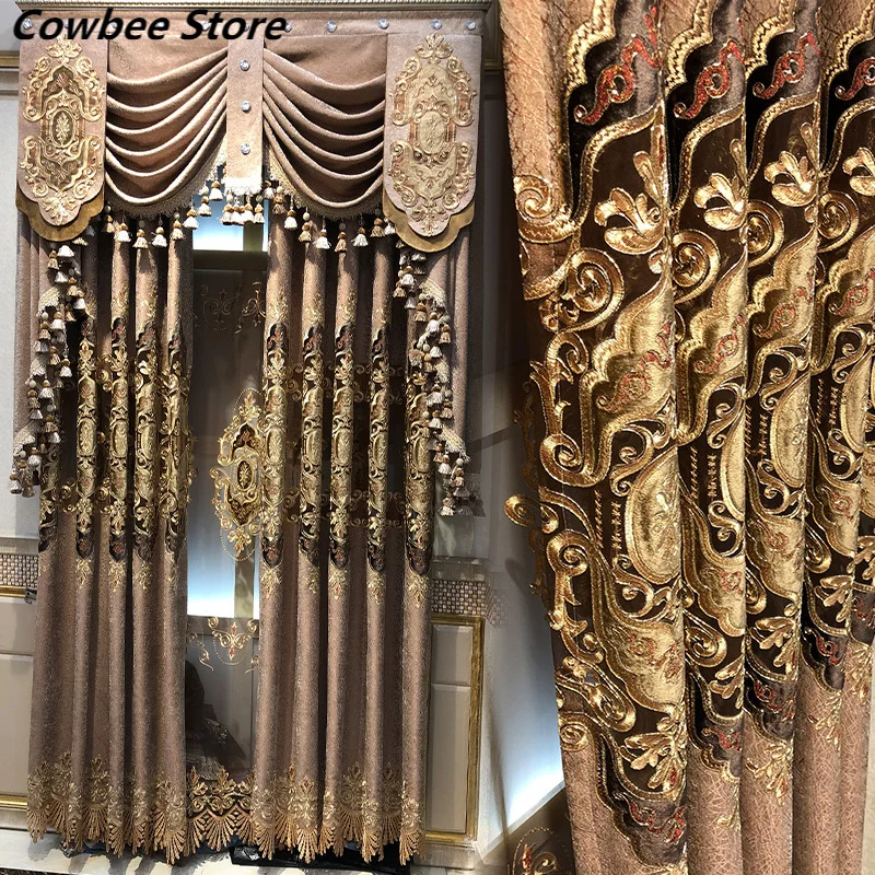 

European-style Luxury Living Room Curtains Upscale Atmosphere Chenille Embroidered Openwork Coffee Color Bedroom Curtains