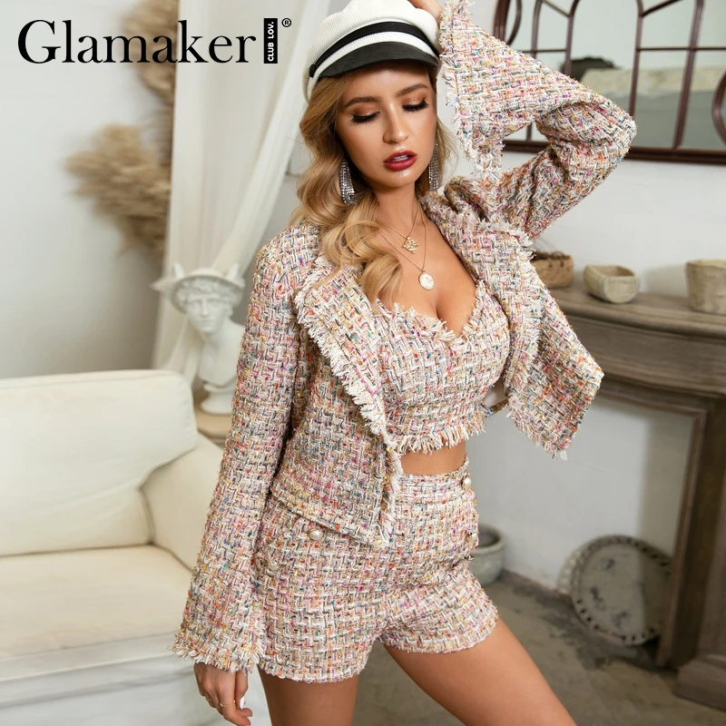 Glamaker твидовый короткий Блейзер с люрексом, Женский Осенний офисный блейзер из трех частей, элегантный зимний сексуальный пиджак с расклешенными рукавами, верхняя одежда