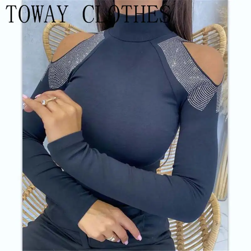 

Cold Shoulder Long Sleeve Rhinestone Top Sexy Slim Fit Casual Top Blouse Women 2022 Bodycon Ladies Tee Shirts