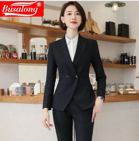 2019 двубортный черный navyblue полосатый жакет и брюки с длинным рукавом Женские