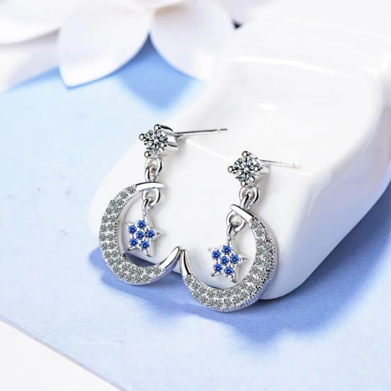 Женские серьги со звездой и луной из серебра 925 пробы | Украшения аксессуары