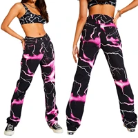 fashion women lightning print jeans adults color block trousers