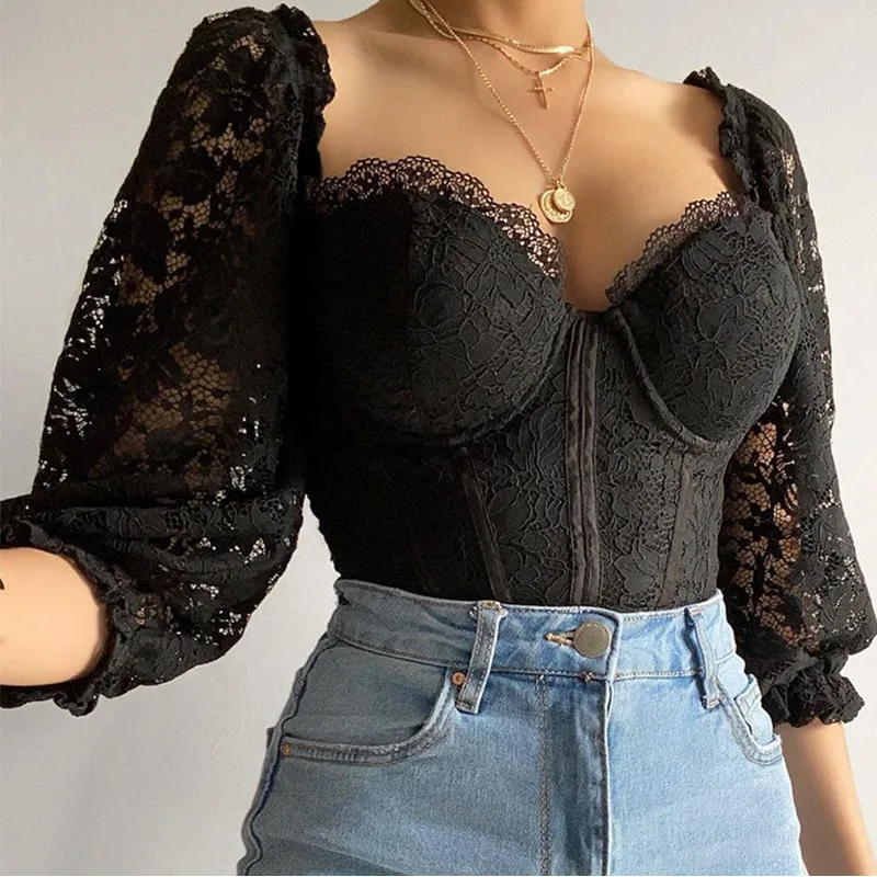 

Sexy Lace Lantern Half Sleeve Women's Blouse Skinny V-neck Female Blouse 2021 New Summer Streetwear Fashion Ladies Short Top