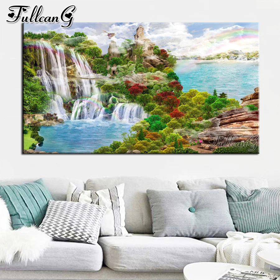 

FULLCANG mosaic sea nature landscape rainbow 5d diy large diamond painting full drill rhinestone embroidery kits FG0238