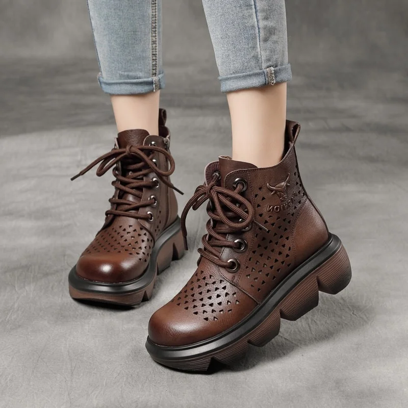 

boots thick new with handmade bottom leather slope and hollow out short boots women's round head leather