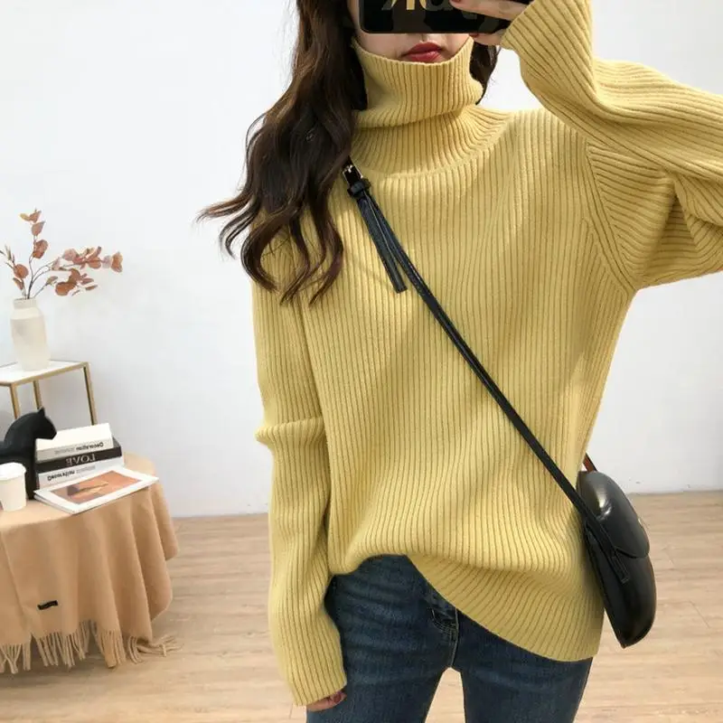 

Winter Turtleneck Women Vintage Vertical Stripes Sweater Women Loose Long Sleeve Knit Pullover Thick Warm Top Female