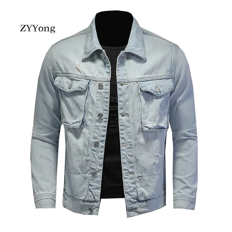 New Spring Bomber Light Blue Ripped Denim Jacket For Men Tattered Jean Coats Motorcycle Casual Outwear Clothing Overcoat Outwear