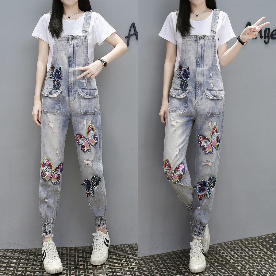 Women Cartoon Cat Print Denim Jumpsuits Rompers Overalls New Hole Ripped Loose Beaded Jeans Pants Female Casual Long Pants