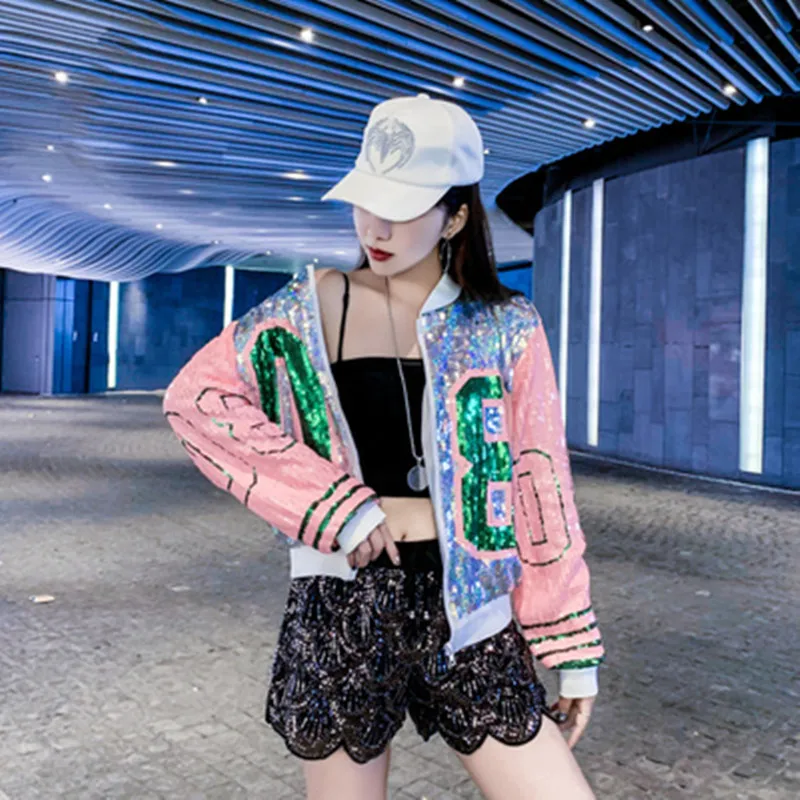 Veste Femme printemps новые блестки с длинным рукавом О-образным вырезом 08 модные куртки с блестками на молнии Женская шикарная Клубная верхняя одежда и пальто